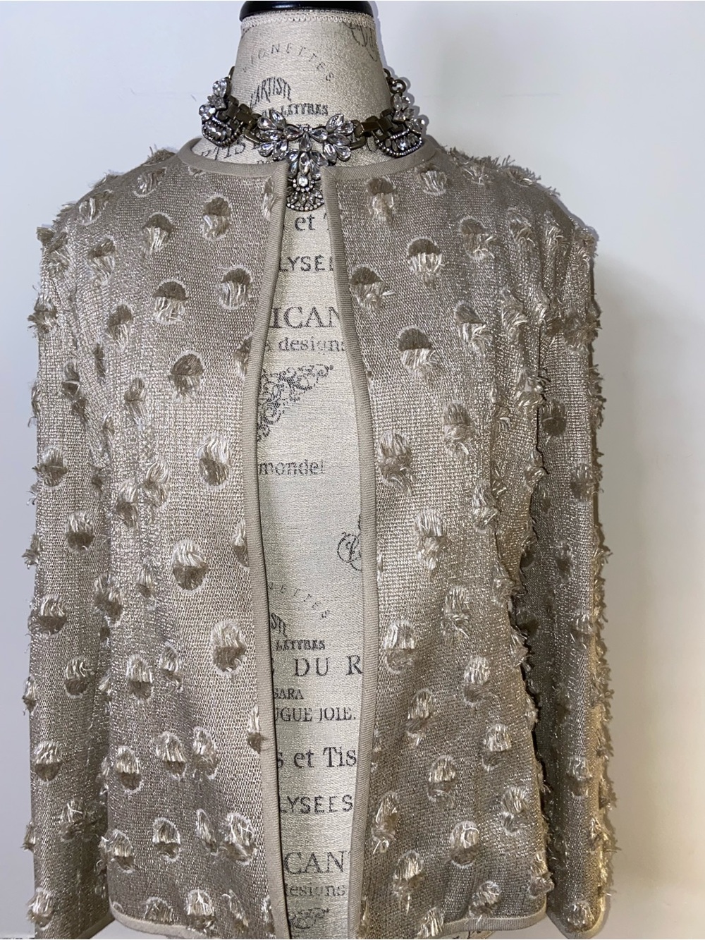Lafayette 148 New York Metallic Taupe Textured Open Jacket size medium